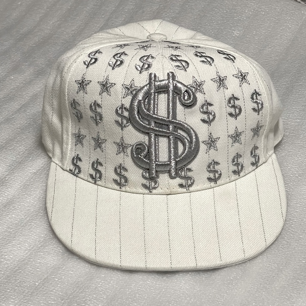 White & Silver Money Dollar Sign Stars Stripes Leader Sports Medium Fitted Cap